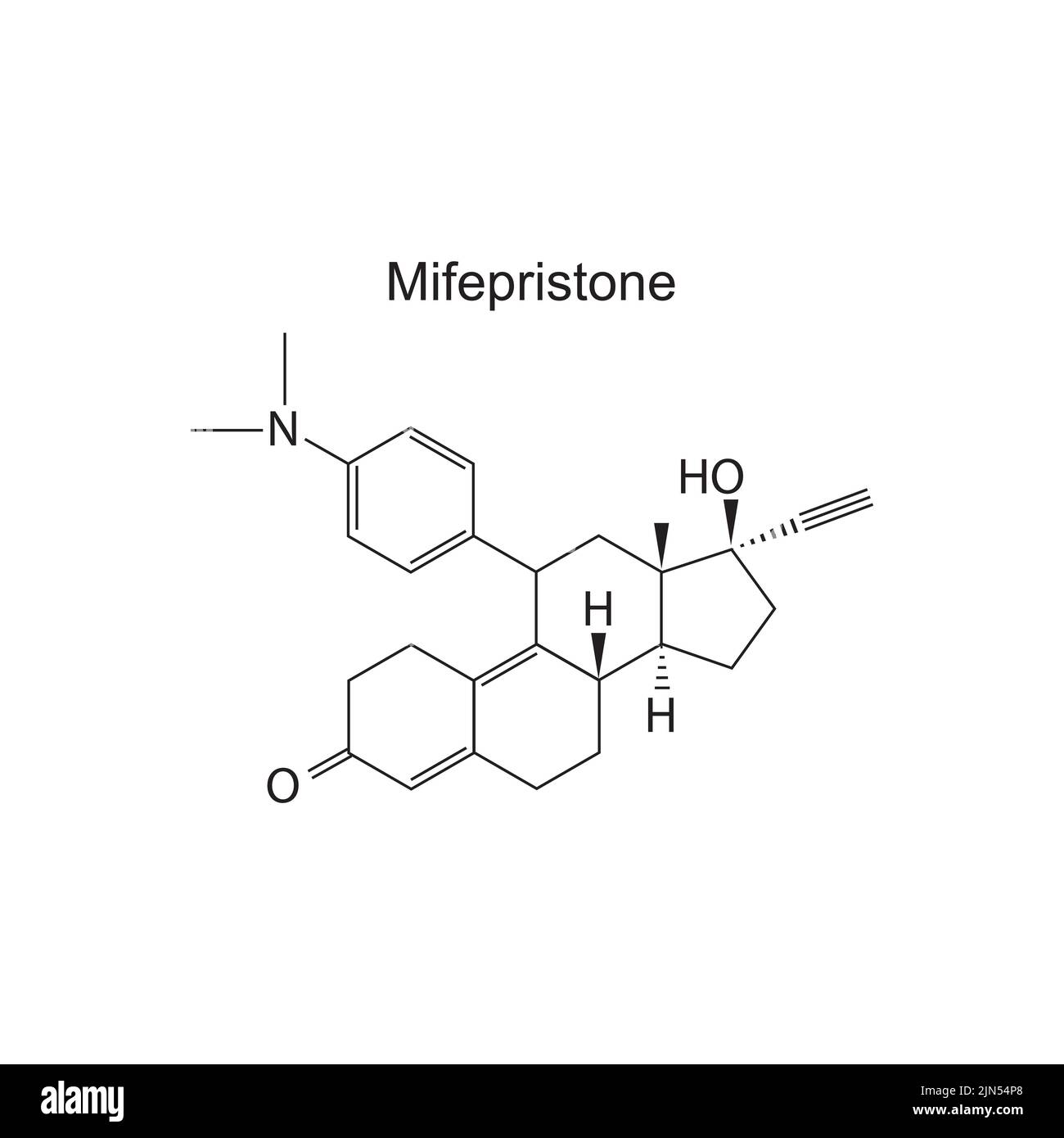 Struttura molecolare dell'ormone mifepristone su sfondo bianco. Illustrazione vettoriale. Illustrazione Vettoriale