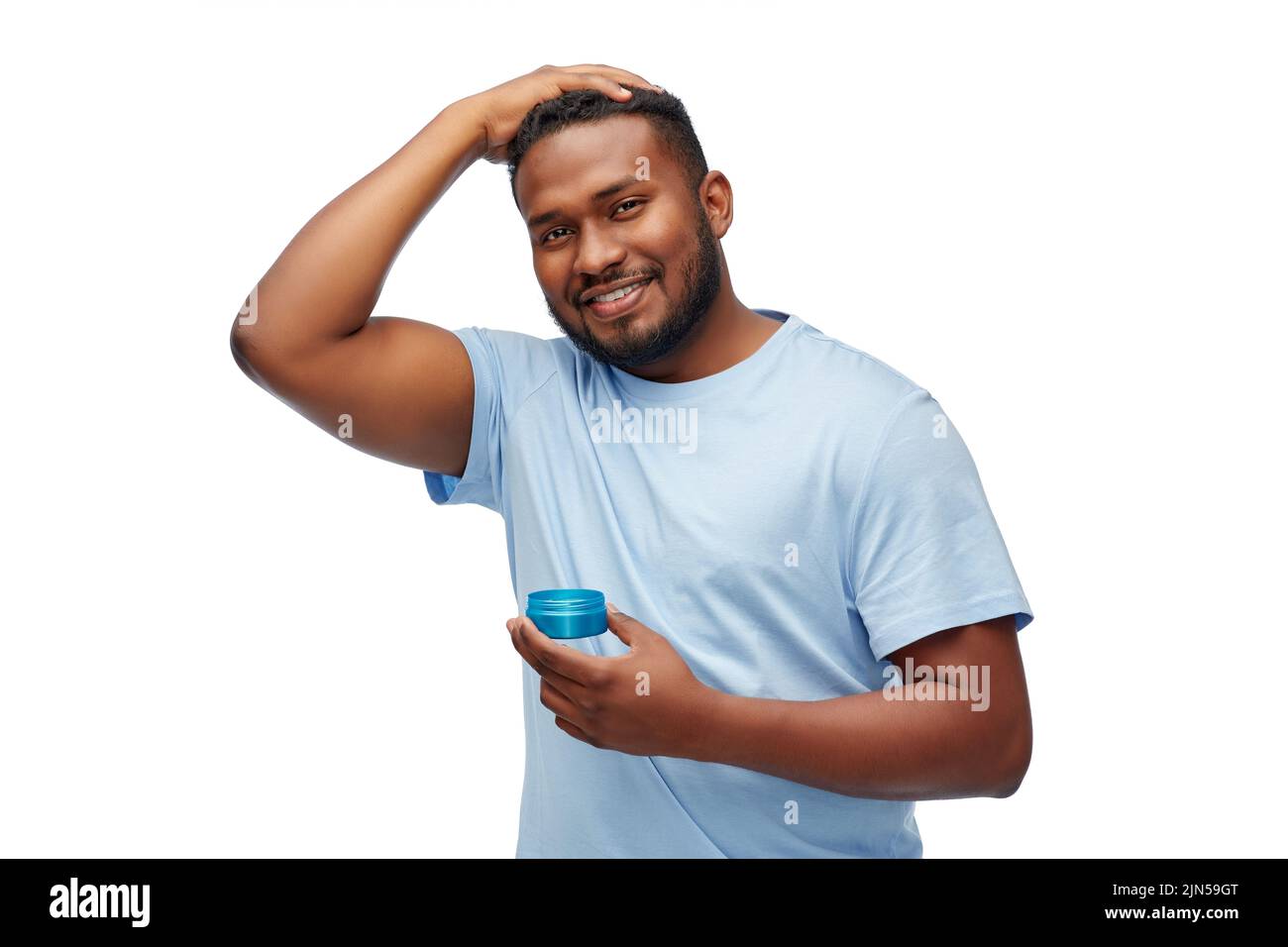 african american man che applica la cera styling dei capelli Foto Stock