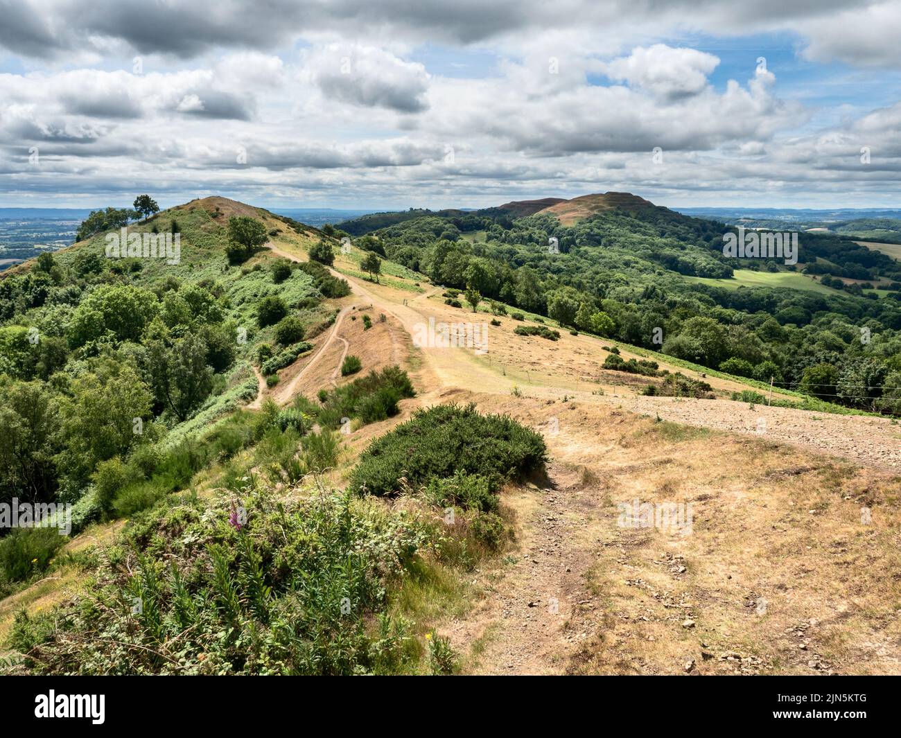 Guardando lungo la cresta delle Malvern Hills da Black Hill a Herefordshire Beacon o British Camp Malvern Hills AONB Inghilterra Foto Stock