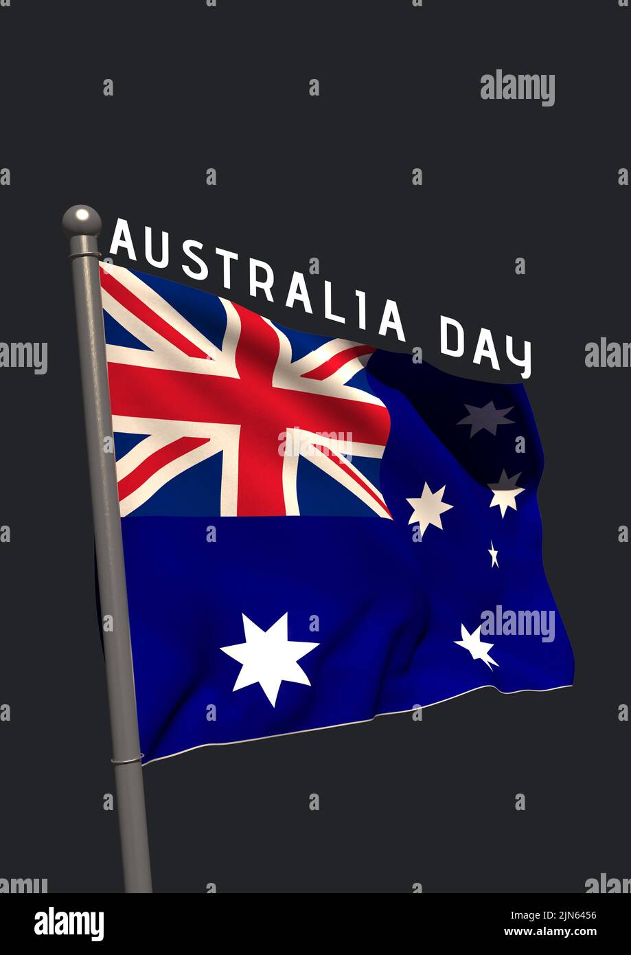 Composizione del testo del giorno dell'australia sulla bandiera dell'australia sul backgorund nero Foto Stock