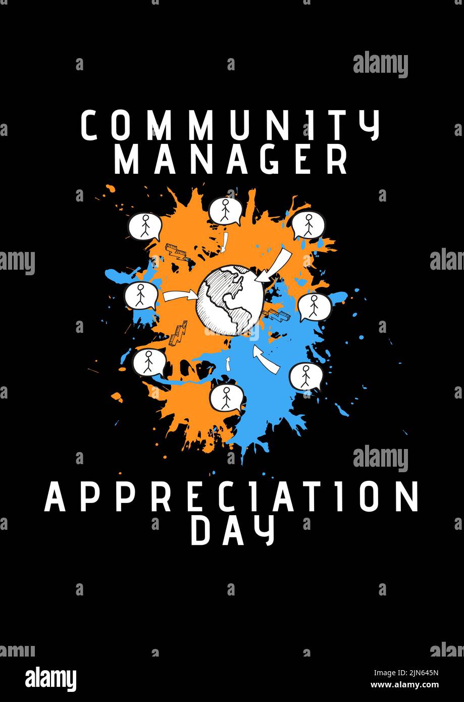 Composizione del testo del giorno di apprezzamento del Community Manager con icone su sfondo nero Foto Stock