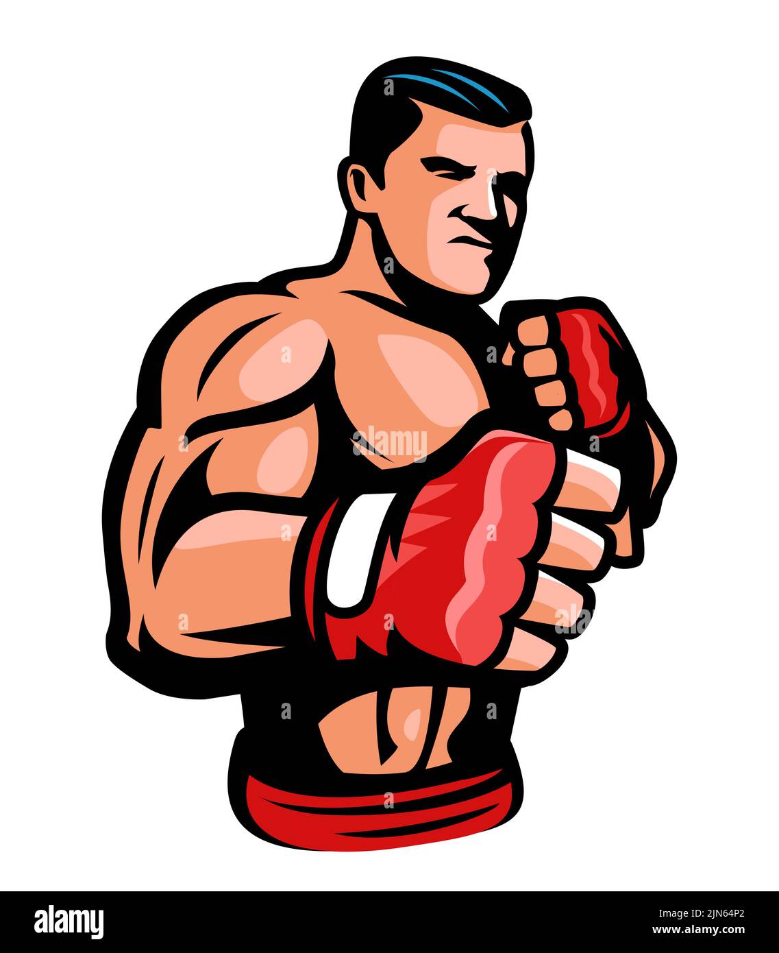 Logo di arti marziali miste di Fighter. Fregio per pugni di guanti MMA. Mascotte sportive illustrazione vettoriale isolato Illustrazione Vettoriale