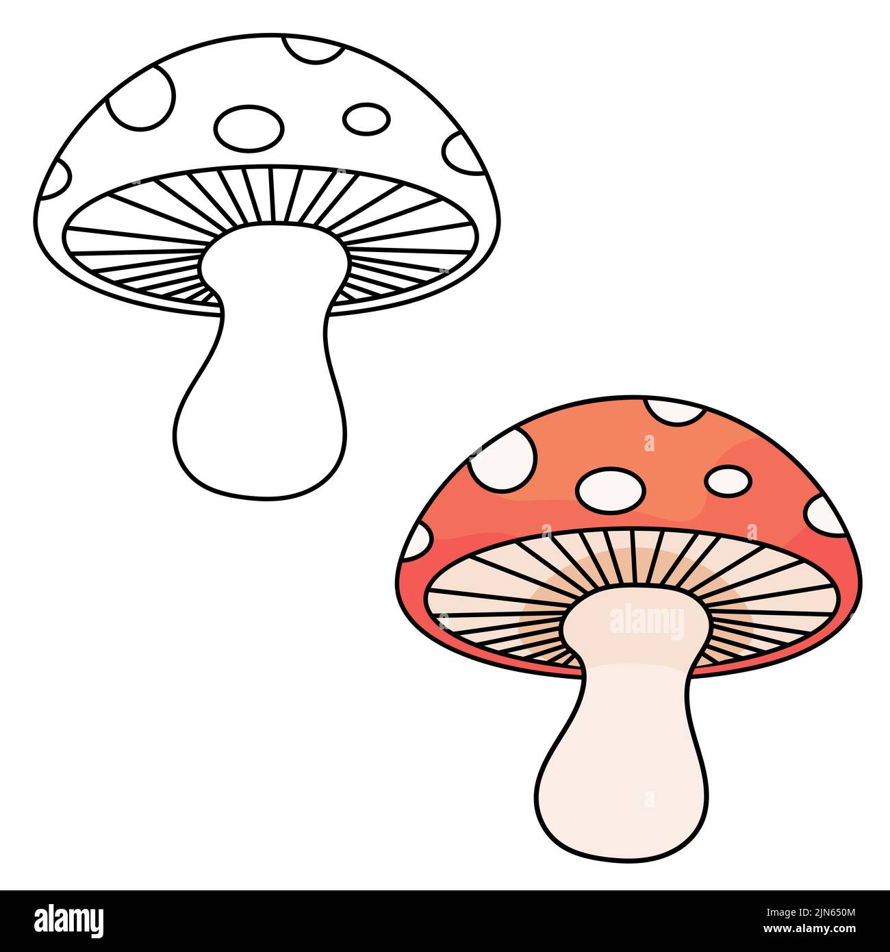Nero e bianco vs fungo agarico a mosca colorato. Pratica di scrittura. Gioco educativo per bambini, foglio di libro da colorare, foglio di lavoro stampabile. Volare agarico con Illustrazione Vettoriale