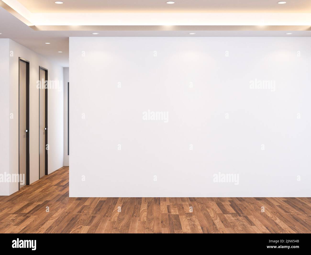 Camera interna bianca vuota sfondo mockup parete, pareti bianche vuote angolo e pavimento in legno bianco contemporaneo, 3D rendering Foto Stock
