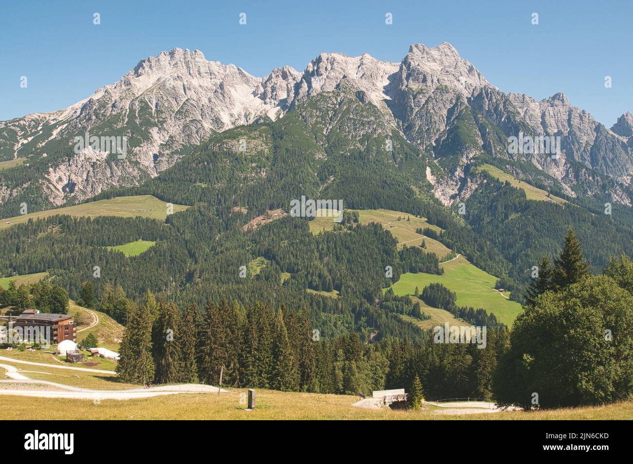 Una vista panoramica di un prato alpino e delle montagne di Leoganger Steinberge. Steinernes Meer, Salisburgo, Austria Foto Stock