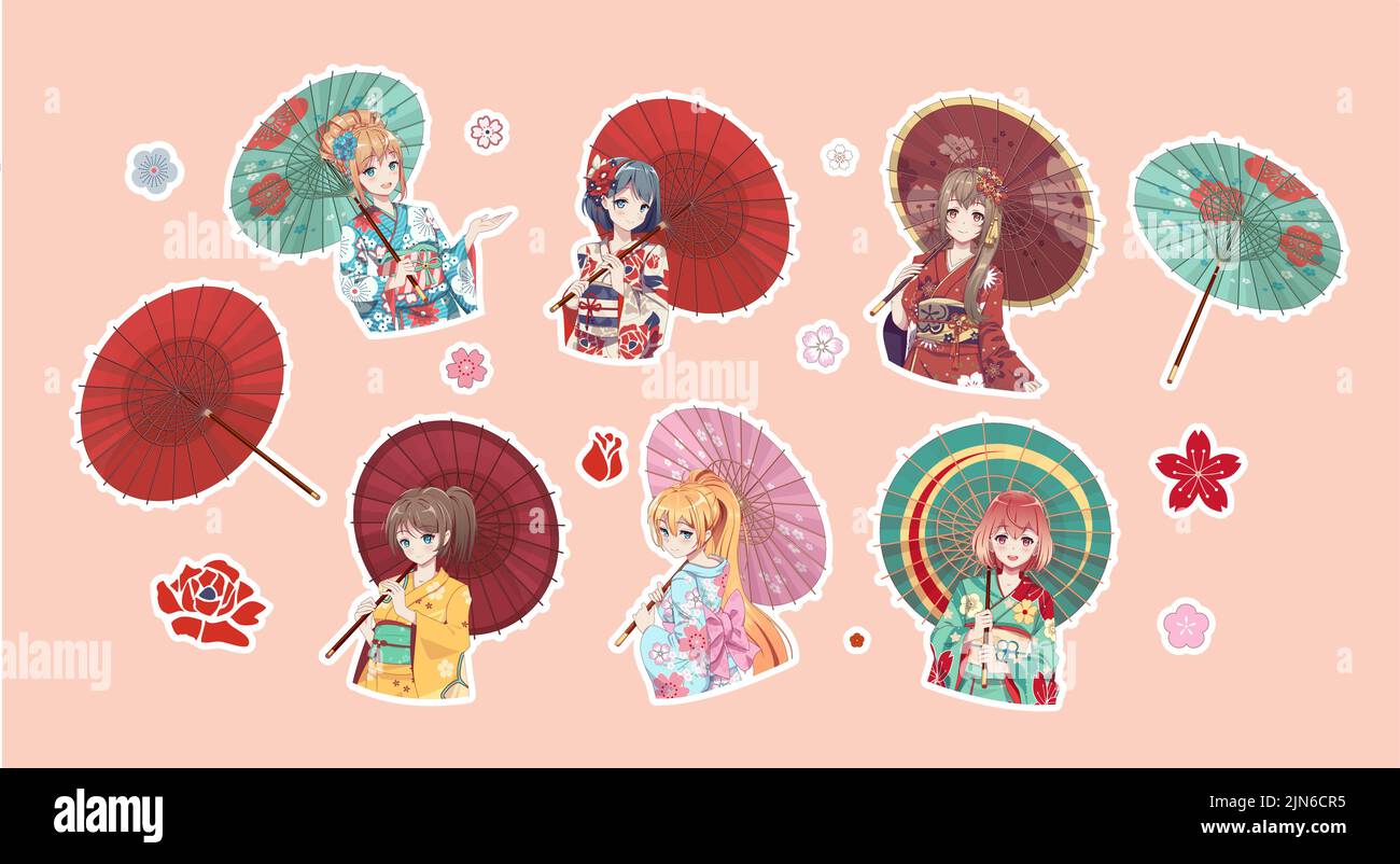 Set di adesivi anime manga girl in kimono e ombrello. Illustrazione del  vettore Cartoon Immagine e Vettoriale - Alamy