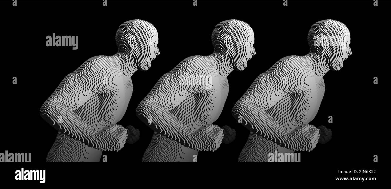 Tre uomini forti urlano. Illustrazione vettoriale voxel art. 3D. Illustrazione Vettoriale