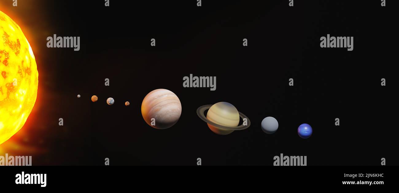 Sistema solare e pianeti nello spazio esterno. Elementi di questa immagine forniti dalla NASA. 3D rappresentazione illustrazione. Foto Stock