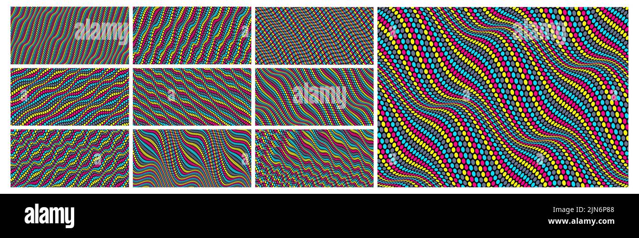 Sfondo ondulato punteggiato con illusione ottica. Schema puntini polka astratto. illustrazione vettoriale 3d. Illustrazione Vettoriale