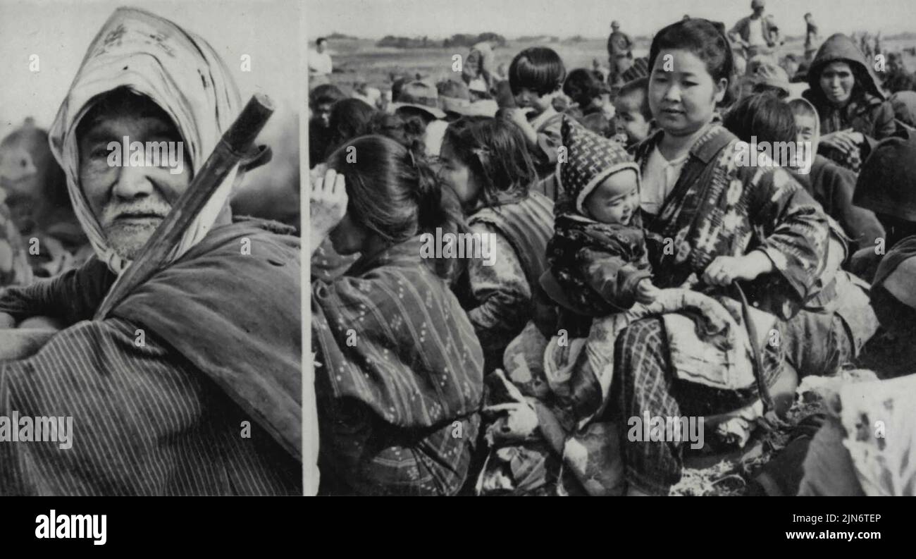 Jap civili in Round-Up su Okinawa: Un giapponese di età (a sinistra), e la giovane madre giapponese e il suo bambino (a destra), sono stati tra le migliaia di civili residenti di Okinawa arrotondato da Yanks che ha invaso l'isola di Ryukyus. Ottobre 04, 1945. (Foto di stampa associata). Foto Stock