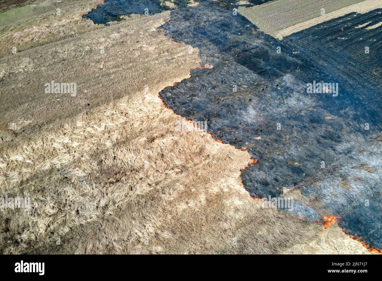 Vista aerea del campo di prateria che brucia con fuoco rosso durante la stagione secca. Concetto di disastro naturale e cambiamento climatico Foto Stock