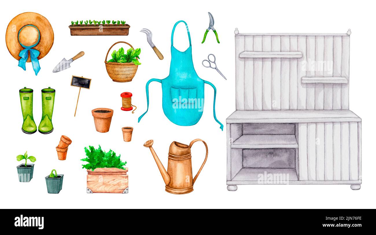 Giardino di lavoro. Set di elementi acquerelli: scaffalature da giardino in legno, piantine, utensili da giardino, indumenti protettivi. Per la progettazione di una cartolina, invitatio Foto Stock