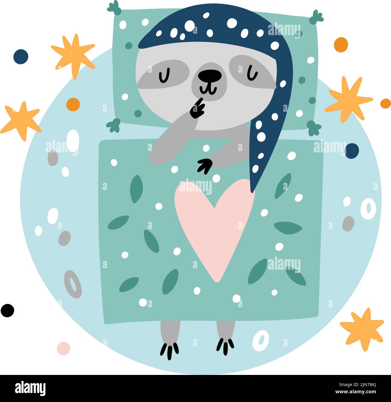 Animale sonnolento. Bambino felice che dorme sulla luna. Fumetti creature sognando a letto sotto coperta. Sciabola in berretto steso sulla luna. Stelle e pianeta Illustrazione Vettoriale