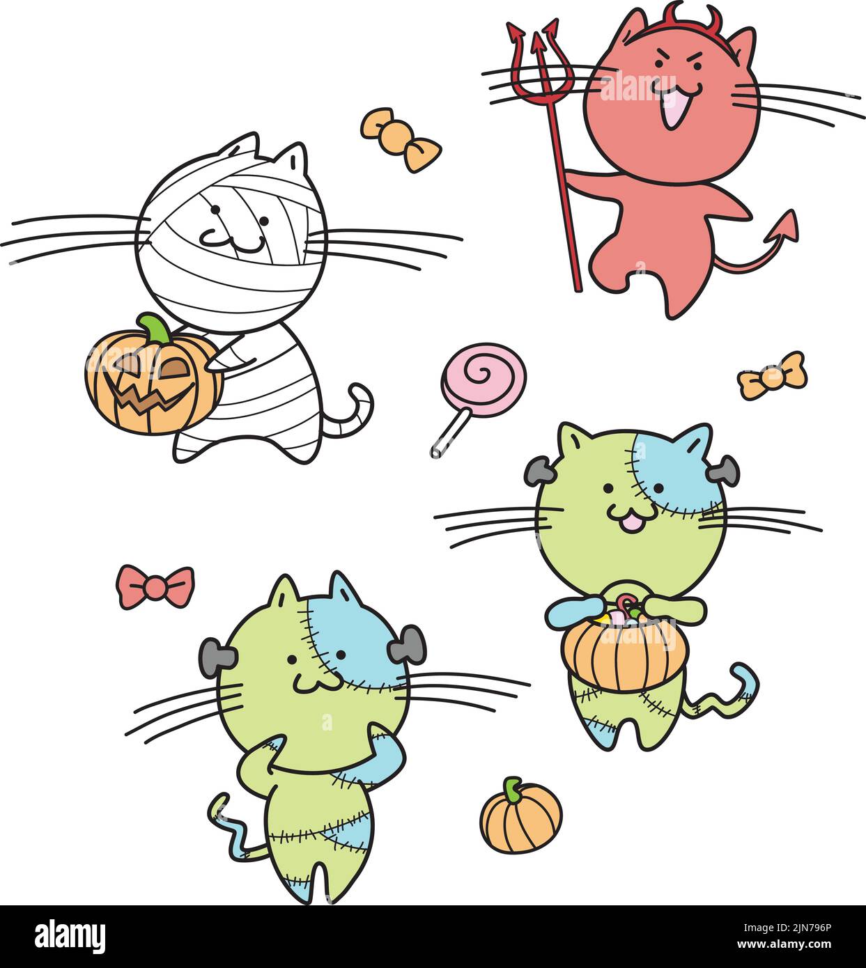 Set di gatti in costume carino halloween vettore vestiti con costume diavolo e costumi mostri. Cute mascotte di cartone animato di Halloween. Illustrazione Vettoriale