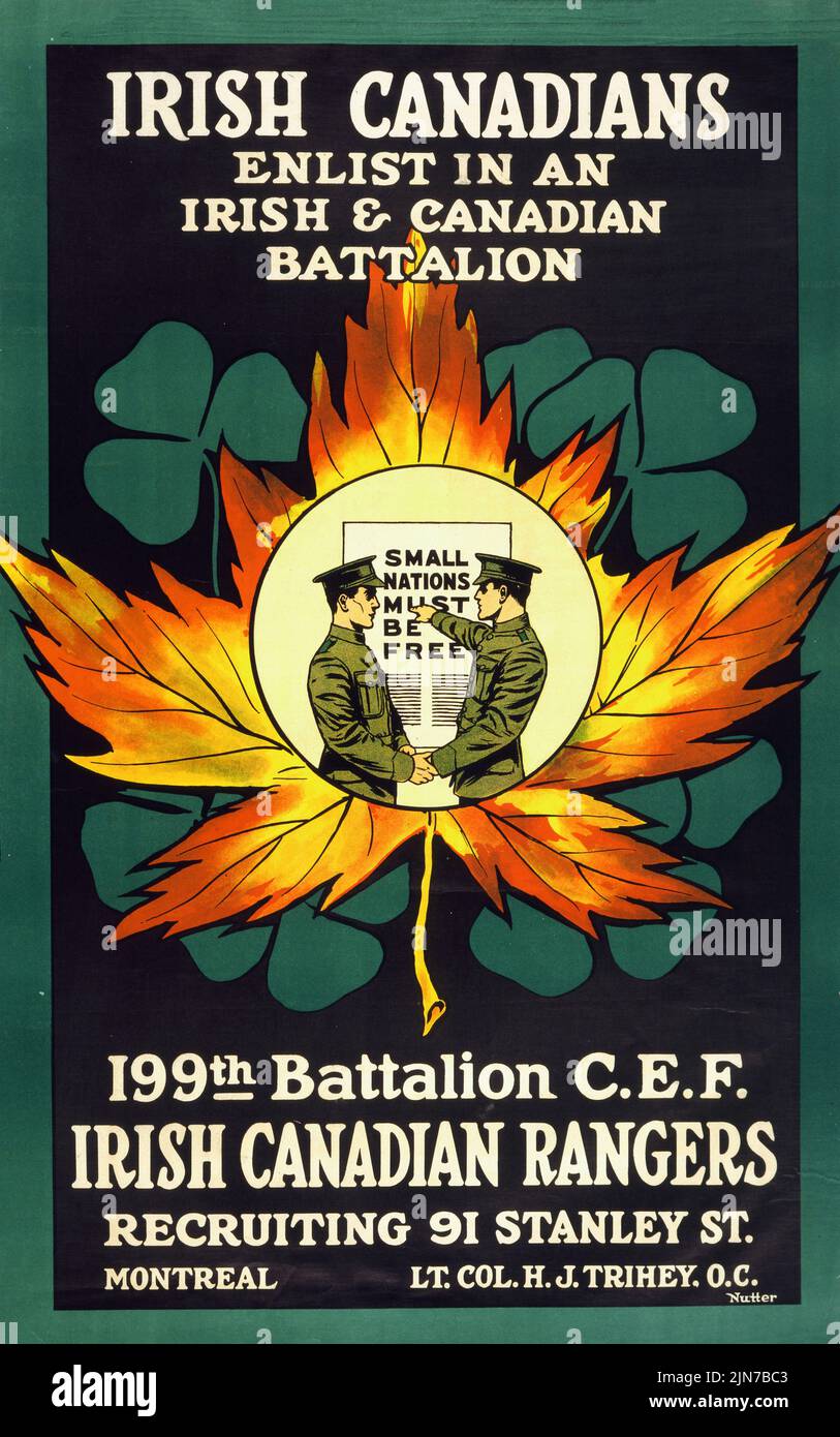 I canadesi irlandesi, arruolano in un battaglione irlandese e canadese, 199th Battaglione C. E. F., Rangers canadesi irlandesi (1915) poster dell'era della prima guerra mondiale Foto Stock
