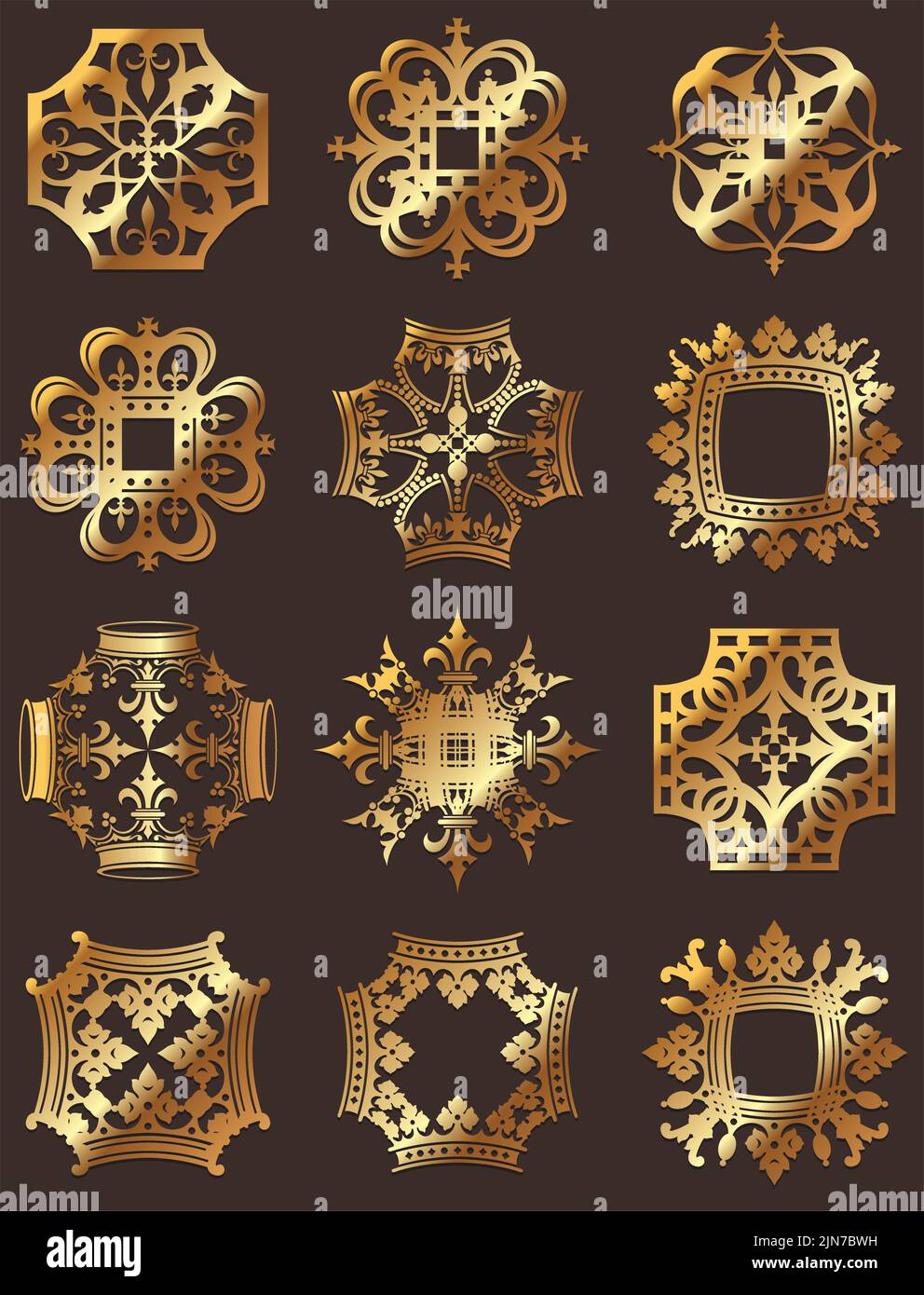 Una serie di icone ornamentali vintage vettoriali e medaglioni con corona d'oro. Illustrazione Vettoriale