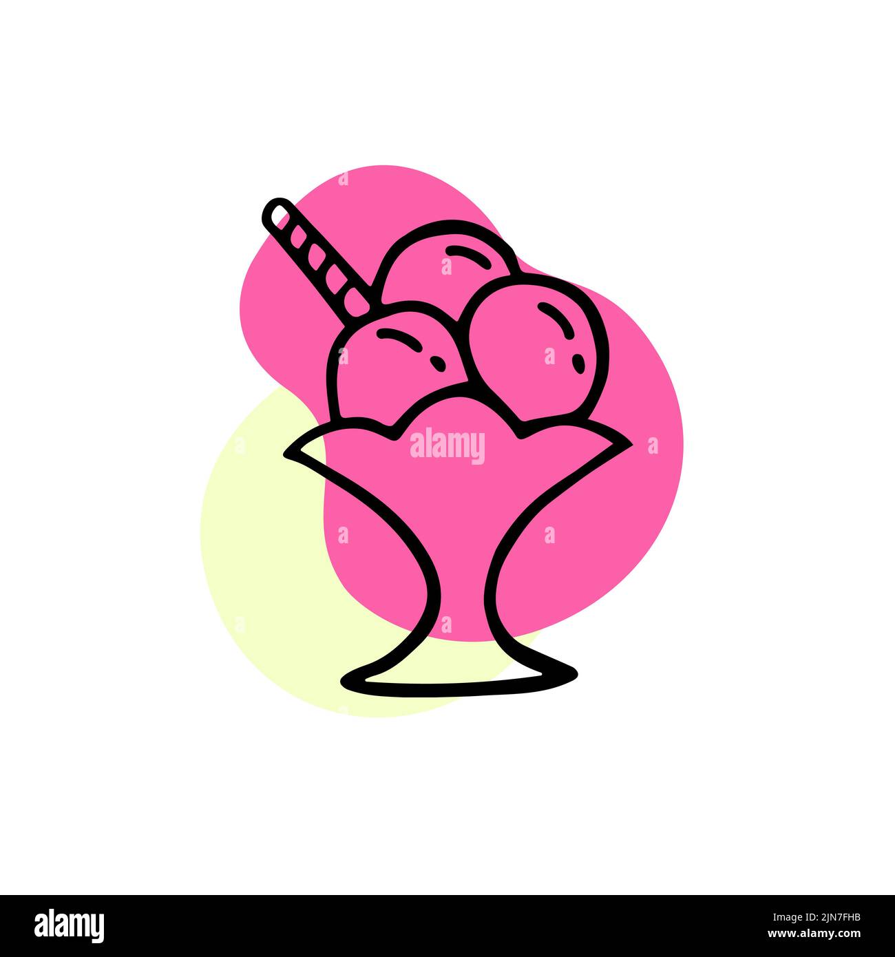 Linea gelato a base di sundae. Sundae con tre palline con cialde con macchie rosa e gialla su sfondo bianco. Carino gelato doodles. Disegno a mano v Illustrazione Vettoriale