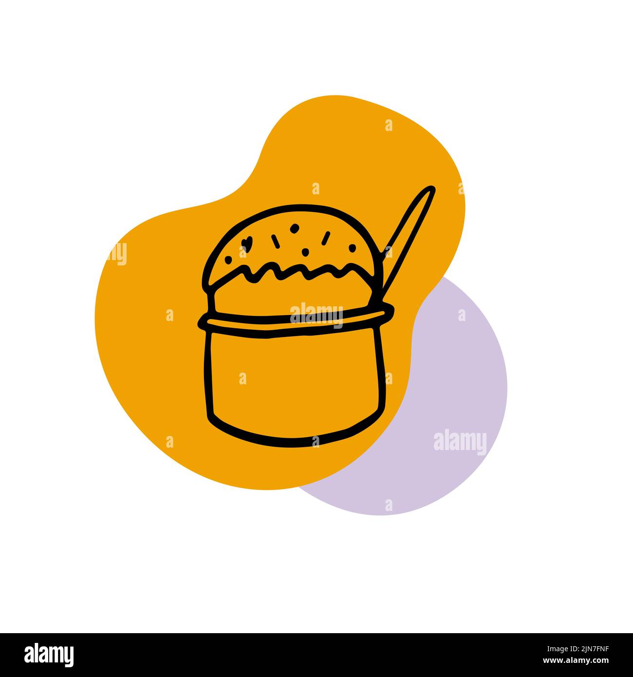 Linea gelato a base di sundae. Sundae con macchie arancioni e viola su sfondo bianco. Carino gelato doodles. Illustrazione vettoriale disegnata a mano. Illustrazione Vettoriale