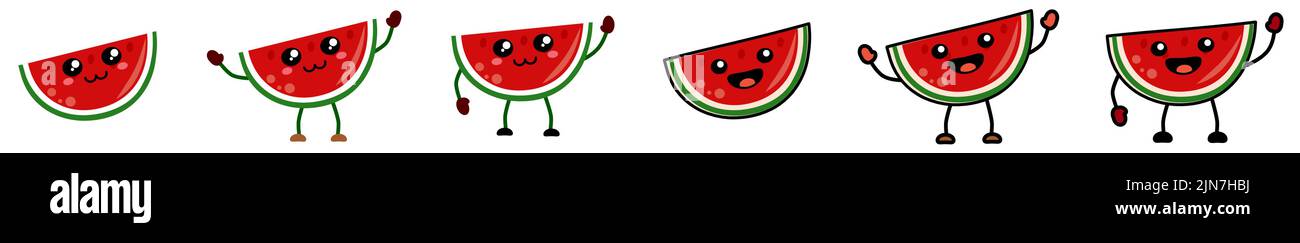 Carino kawaii stile watermelon fetta icona, sorridente. Versione con mani sollevate, abbassate e ondulate. Illustrazione Vettoriale