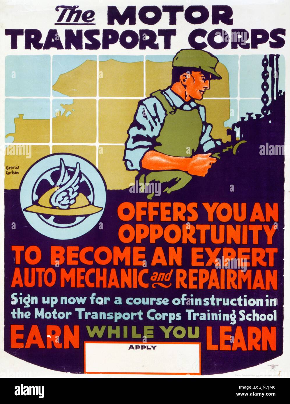 Il Motor Transport Corps vi offre l'opportunità di diventare un meccanico e un riparatore auto esperto, guadagnare mentre si impara (1919) American Post-World War i era poster di George Carlson Foto Stock