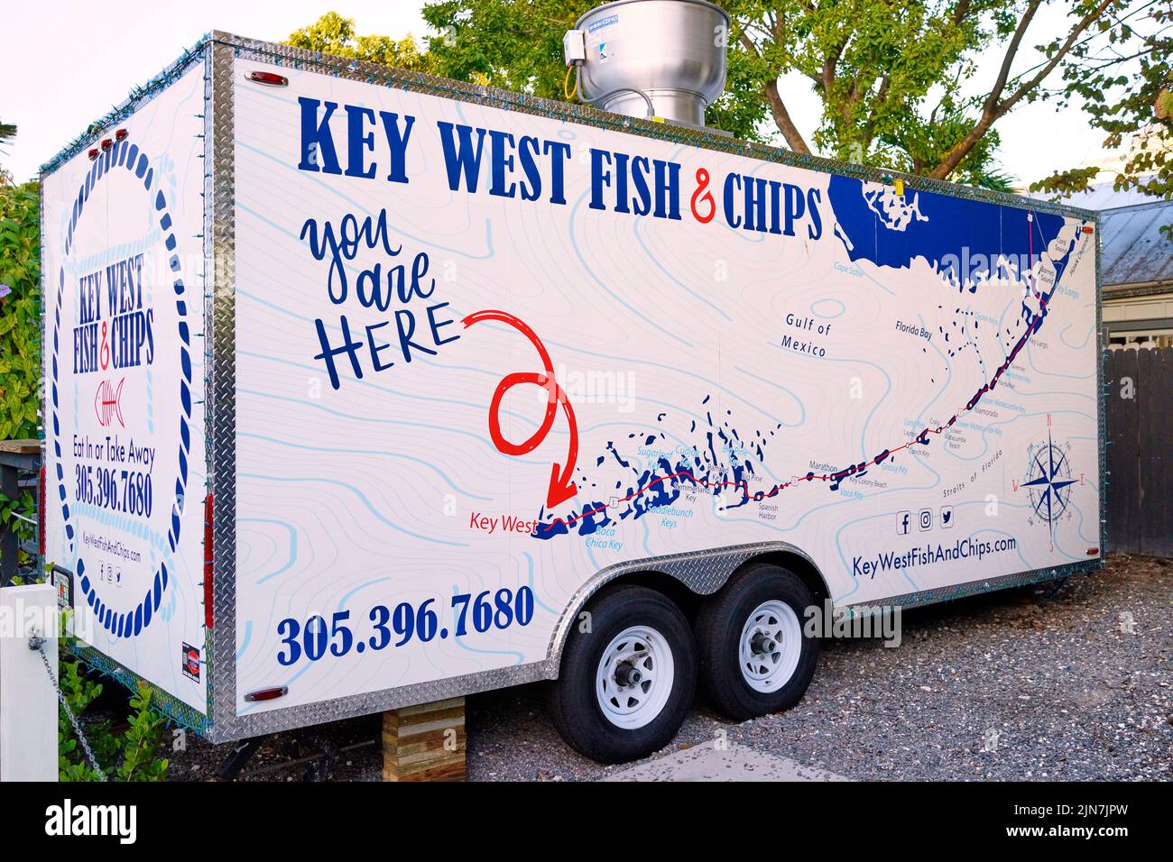Key West Fish & Chips a Key West, Florida, Florida, Stati Uniti. Primo piano del rimorchio alimentare. Foto Stock