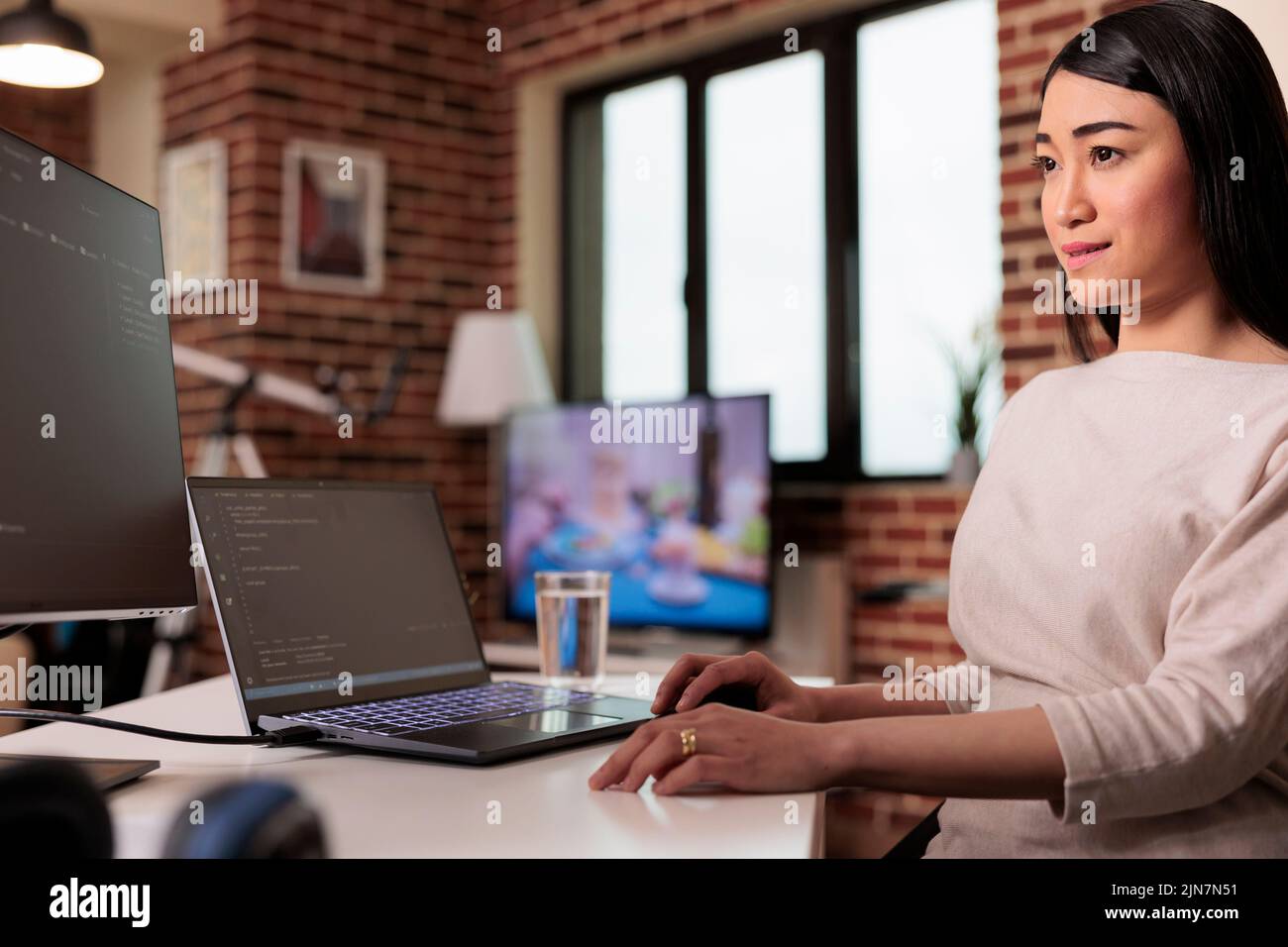 Sviluppatore Web software che codifica script html con server cloud online e programmazione della sicurezza firewall. Apprendimento della nuova interfaccia utente sulla finestra del terminale con linguaggio di codice e applicazione. Foto Stock