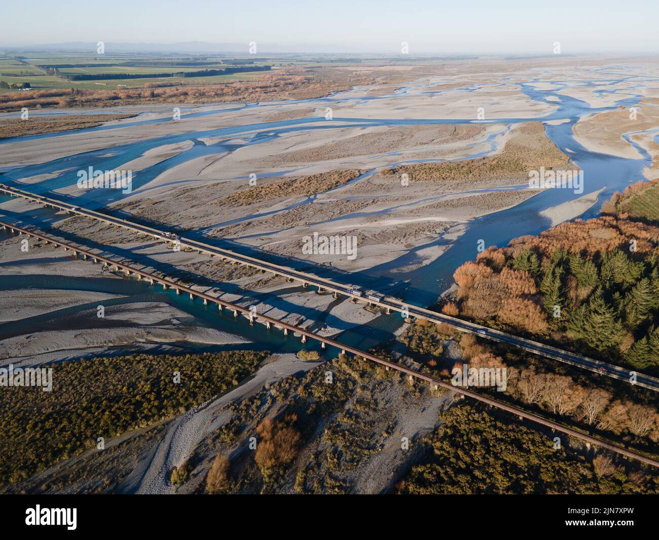 Immagine aerea del fiume Rakaia, Nuova Zelanda Foto Stock