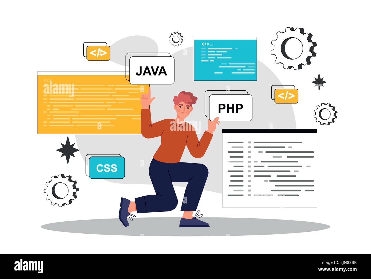 Programmatore che apprende diversi linguaggi di programmazione Illustrazione Vettoriale