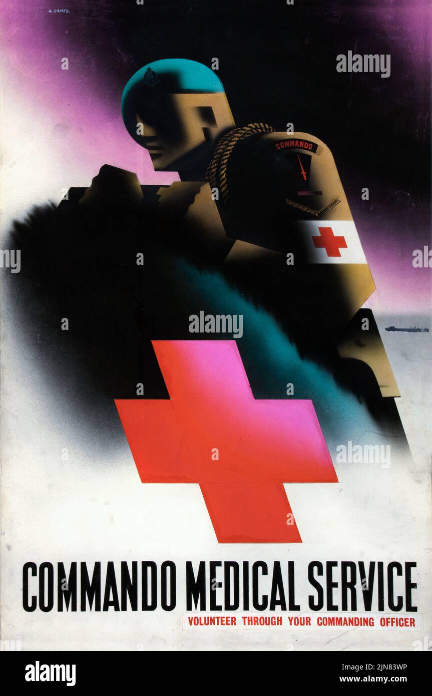 Commando Medical Service. Offrite volontariamente attraverso il vostro ufficiale di comando (1939-1946) il manifesto britannico dell'era della seconda Guerra Mondiale di Abram Games Foto Stock