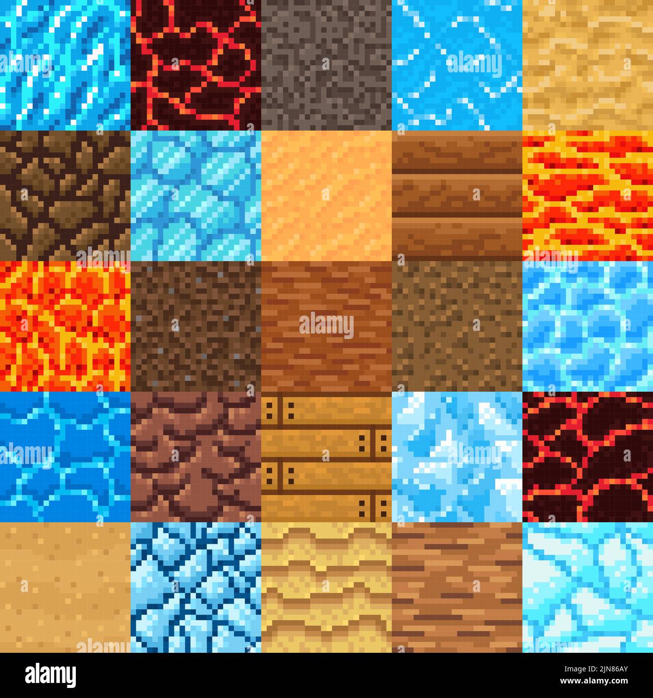 Lava, ghiaccio, iceberg, cristallo, sabbia, acqua, tavola di legno, magma retro 8bit pixel art gioco di superficie modelli vettoriali. Texture di superficie, blocchi di gioco a 8 bit, ambiente retrò arcade sfondi set Illustrazione Vettoriale