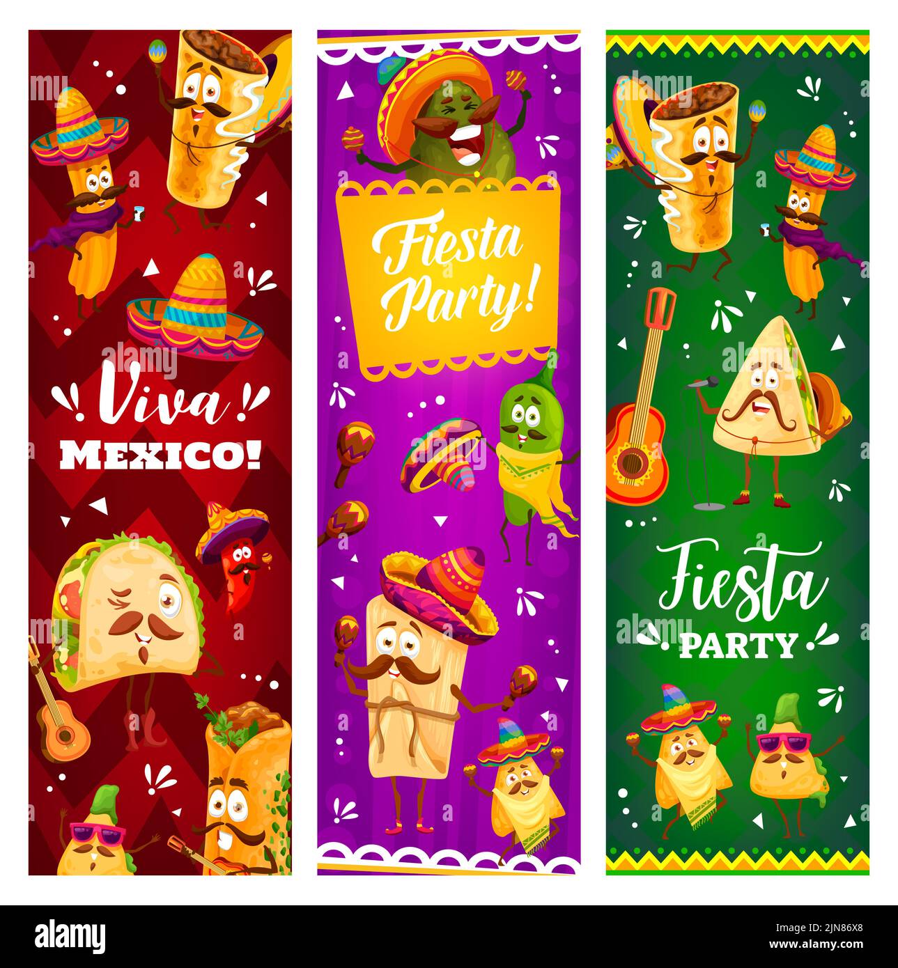 Cartoon personaggi messicani sulla festa. Divertenti tacos e quesadilla, jalapeno, tamales e nachos, churros, peperoncino e burrito, enchilados felici carini personaggi in cappello sombrero Illustrazione Vettoriale
