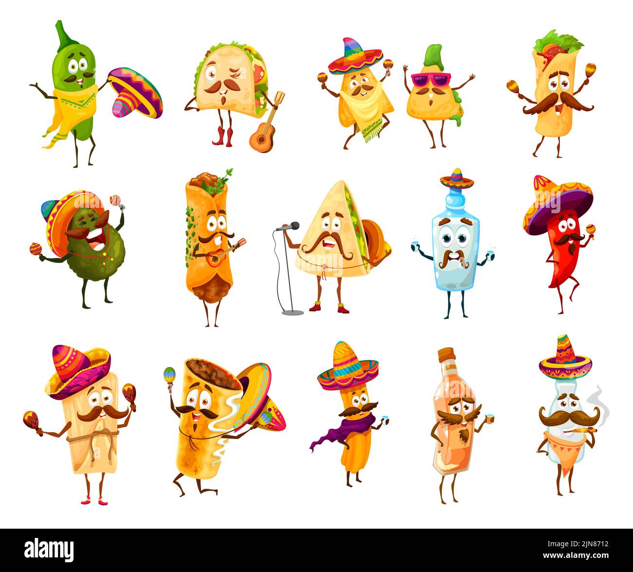 Cartoni animati messicani divertenti personaggi felici. Vettore tex mex tequila, taco mariachi, burrito e nachos che suonano su strumenti, avocado, quesadilla e tamales, churros, jalapeno, bottiglie di mezcal e di pulque Illustrazione Vettoriale