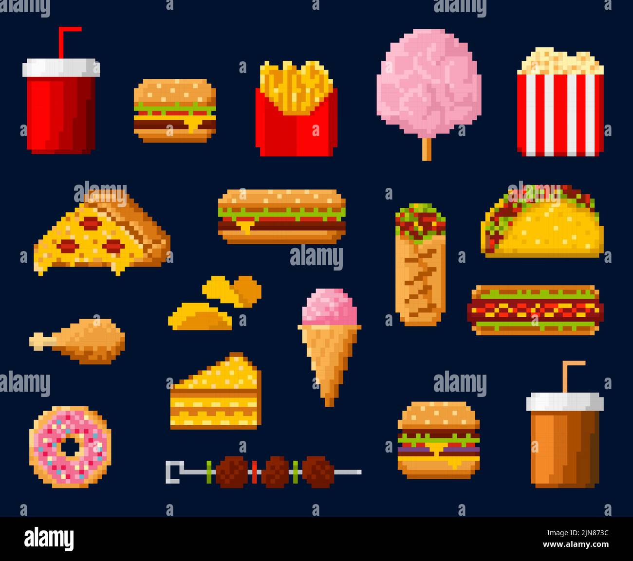 Retrò 8bit pixel art takeaway fast food, bevande e dessert icone. Pittogrammi di gioco pixel di soda, hamburger e frittura francese, pizza, hot dog e patatine, torta, gelato e caffè, burrito, barbecue Illustrazione Vettoriale