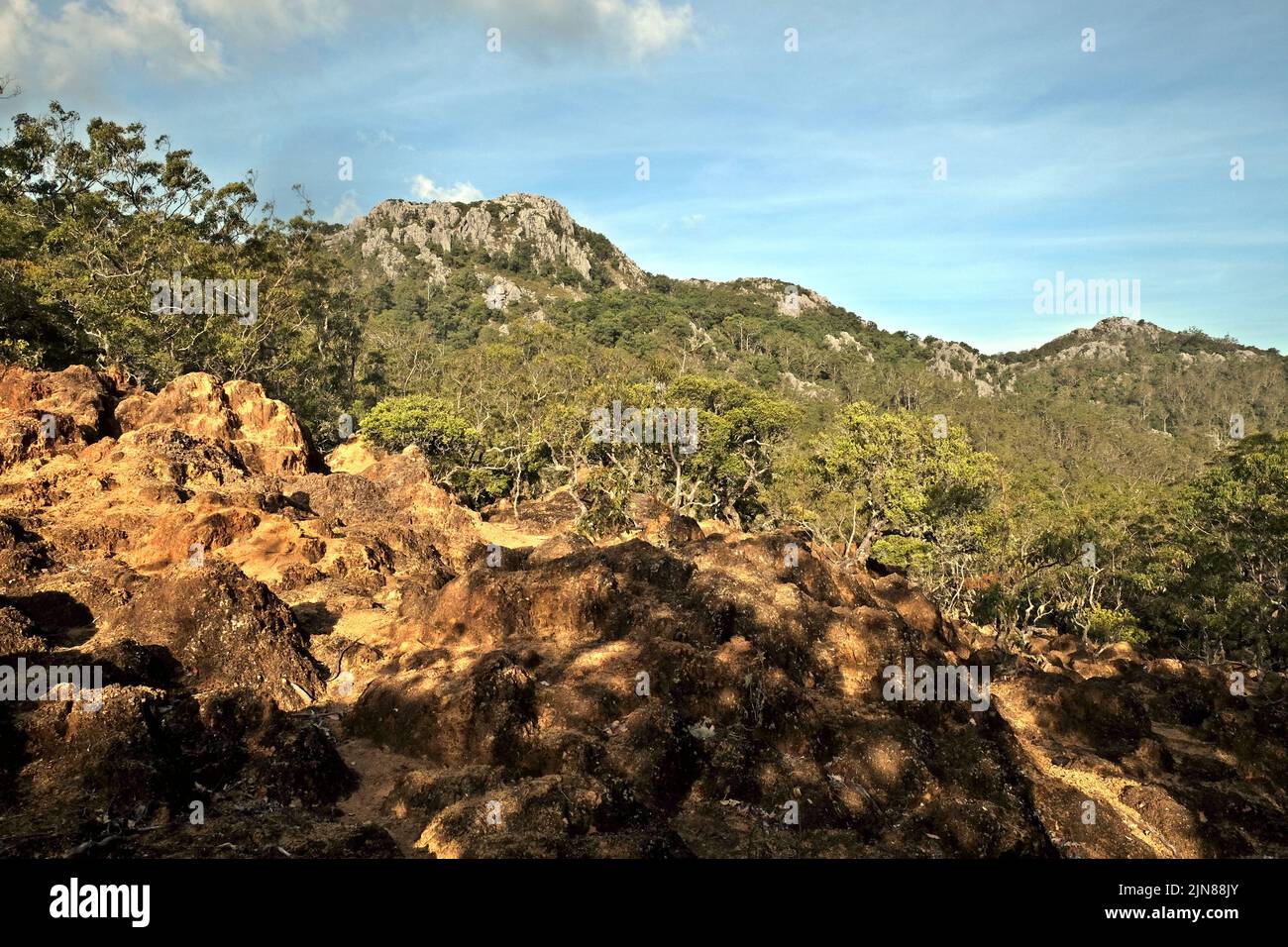 Paesaggio sotto una montagna rocciosa nei pressi del villaggio di Fatumnasi nel sud-centro di Timor, Nusa Tenggara, Indonesia. Foto Stock