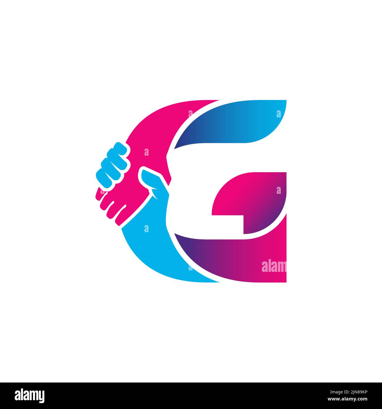 Logo handshake isolato sulla lettera lettera G. Collaborazione commerciale e logo di Unione. Illustrazione Vettoriale
