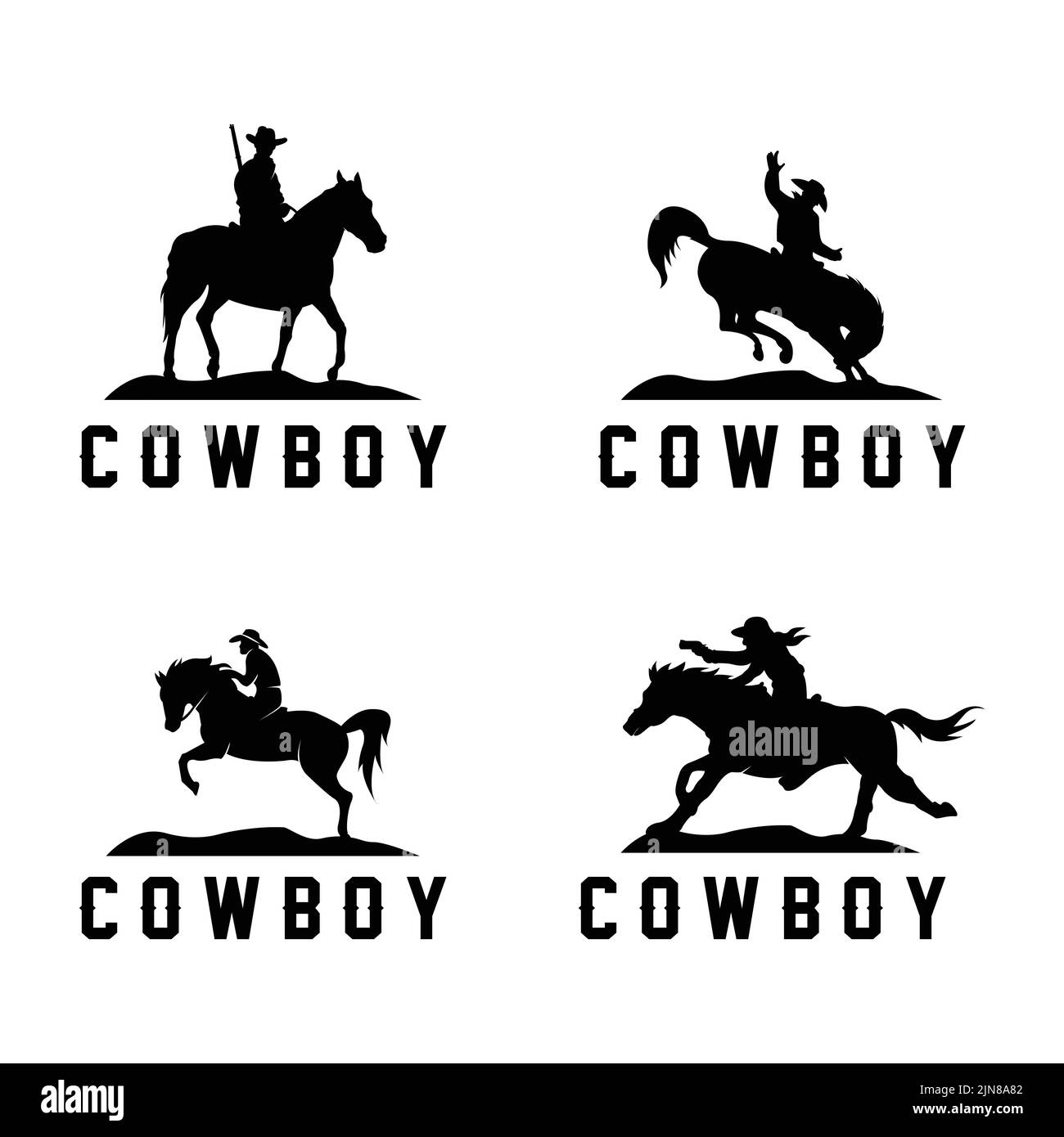 Cowboy Man Riding Horse powerfully Silhouette al Tramonto, icona logo design Illustrazione Vettoriale