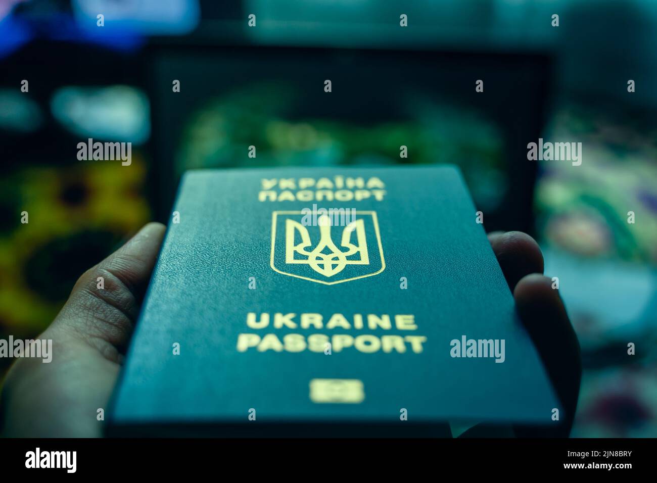Passaporto biometrico ucraino in primo piano in colori blu freddo Foto Stock