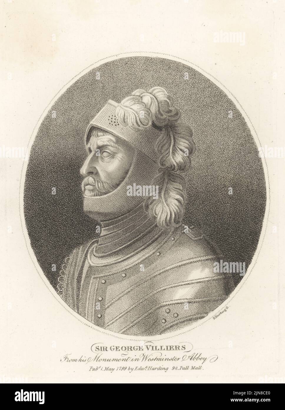 Sir George Villiers, cavaliere inglese, gentiluomo di campagna, corte della regina Elisabetta i, 1544-1606. Dal suo monumento in marmo bianco scolpito da Nicholas Stone, in tuta di armatura e casco in plumato, l'Abbazia di Westminster. Incisione copperplate di Edward Harding dal Gabinetto britannico di John Adolphus, contenente ritratti di personaggi illustri, stampato da T. Bensley per E. Harding, 98 Pall Mall, Londra, 1799. Foto Stock