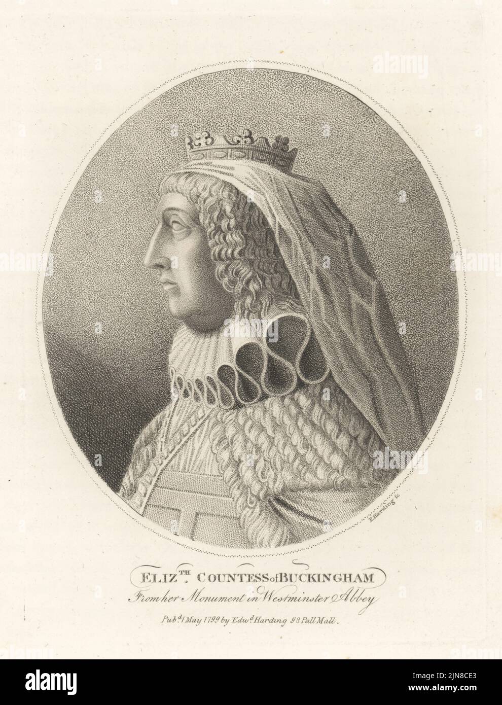 Effigia di Mary, contessa di Buckingham, c.1570-1632. Seconda moglie di Sir George Villiers, c. 1544-1606. In vele, coronet, colletto di ruff, vestito con ermine. Etichettato erroneamente Elizabeth, contessa di Buckingham. Dal suo monumento di Nicholas Stone nell'Abbazia di Westminster. Incisione copperplate di Edward Harding dal Gabinetto britannico di John Adolphus, contenente ritratti di personaggi illustri, stampato da T. Bensley per E. Harding, 98 Pall Mall, Londra, 1799. Foto Stock