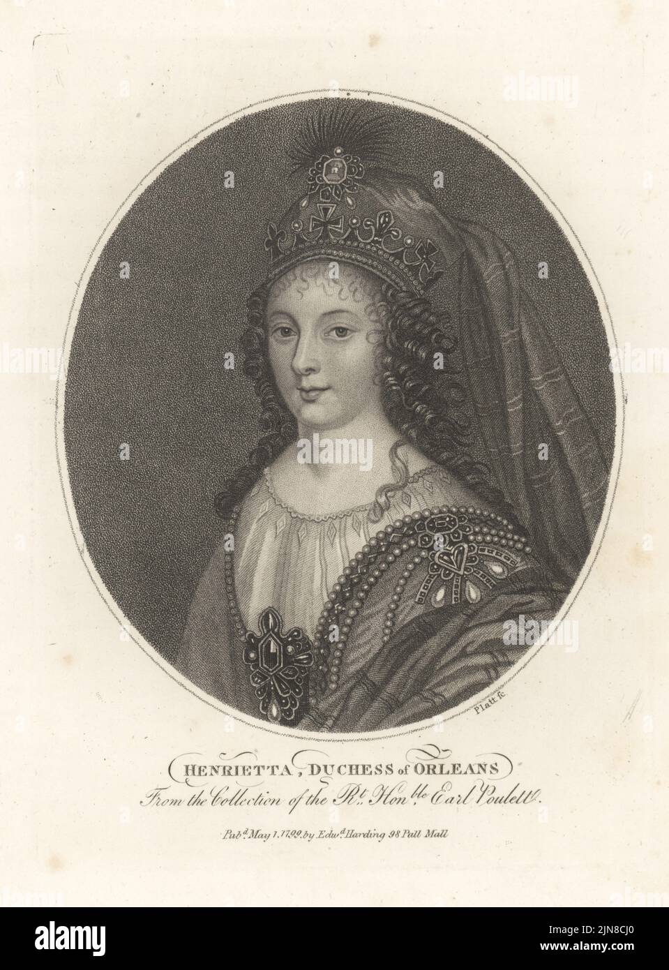 Henrietta Anne d'Inghilterra, Duchessa d'Orleans, 1644-1670. Figlia più giovane del re Carlo i d'Inghilterra e della regina Henrietta Maria. Dopo un dipinto di Jean Charles Nocret, il giovane, nella collezione di Earl Poulett. Incisione copperplate di Platt dal Gabinetto britannico di John Adolphus, contenente ritratti di personaggi illustri, stampato da T. Bensley per E. Harding, 98 Pall Mall, Londra, 1799. Foto Stock