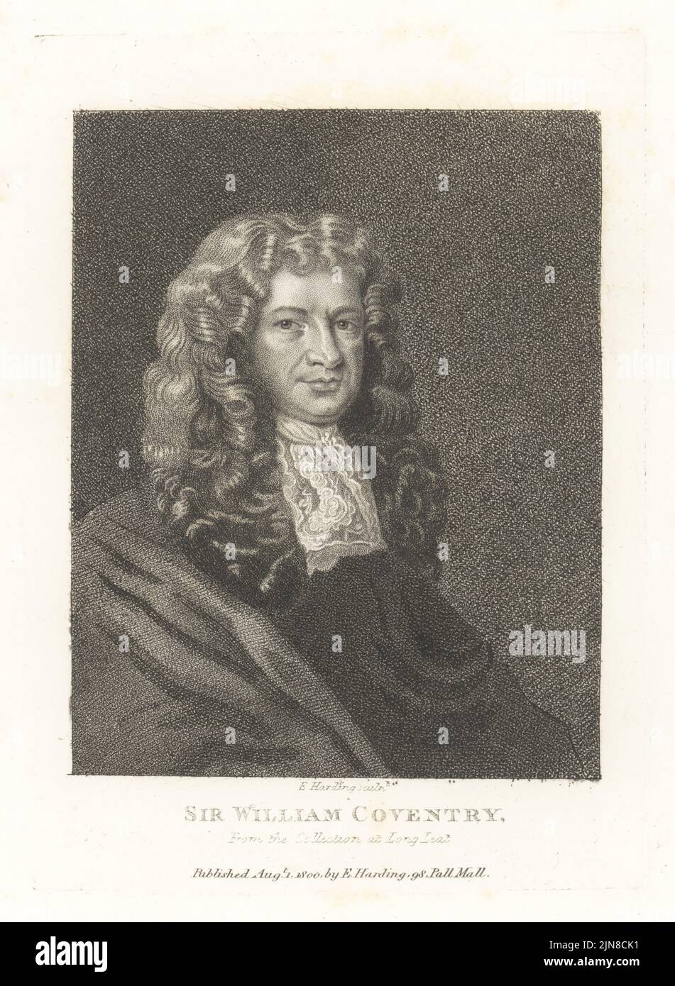 Sir William Coventry, statista inglese, MP, Dottore di diritto a Oxford, Consigliere privato, commissaria del Tesoro, c.1628-1686. In rigogliosa parrucca, colletto in pizzo e mantello. Dalla raccolta a Long Leat. Incisione copperplate di Edward Harding dopo Mary Beale del Gabinetto britannico di John Adolphus, contenente ritratti di personaggi illustri, stampato da T. Bensley per E. Harding, 98 Pall Mall, Londra, 1800. Foto Stock