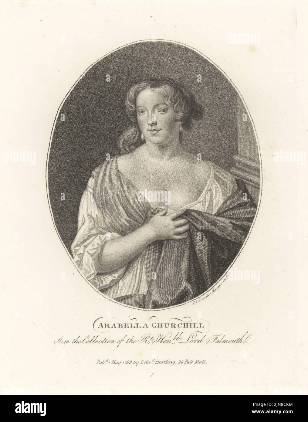 Arabella Godfrey, sorella di John Churchill, 1st Duca di Marlborough, padrona del re Giacomo II d'Inghilterra, 1649-1730. Arabella Churchill. In orecchini in perla, abito basso e scialle. Dalla collezione di Lord Falmouth. Incisione copperplate di Ignatius Joseph van den Berghe del Gabinetto britannico di John Adolphus, contenente ritratti di personaggi illustri, stampato da T. Bensley per E. Harding, 98 Pall Mall, Londra, 1800. Foto Stock