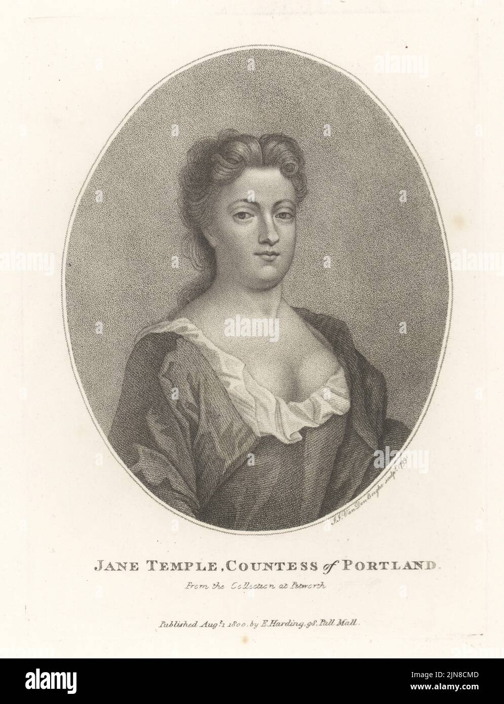 Jane Martha Temple Bentinck, contessa Portland, 1672 - 1751. Governante delle figlie di re Giorgio II. Moglie di Hans William Bentinck, conte 1st di Portland. Jane Temple, contessa di Portland. Dalla collezione di Petworth House, West Sussex. Incisione copperplate di Ignatius Joseph van den Berghe dopo Michael Dahl del Gabinetto britannico di John Adolphus, contenente ritratti di personaggi illustri, stampato da T. Bensley per E. Harding, 98 Pall Mall, Londra, 1800. Foto Stock