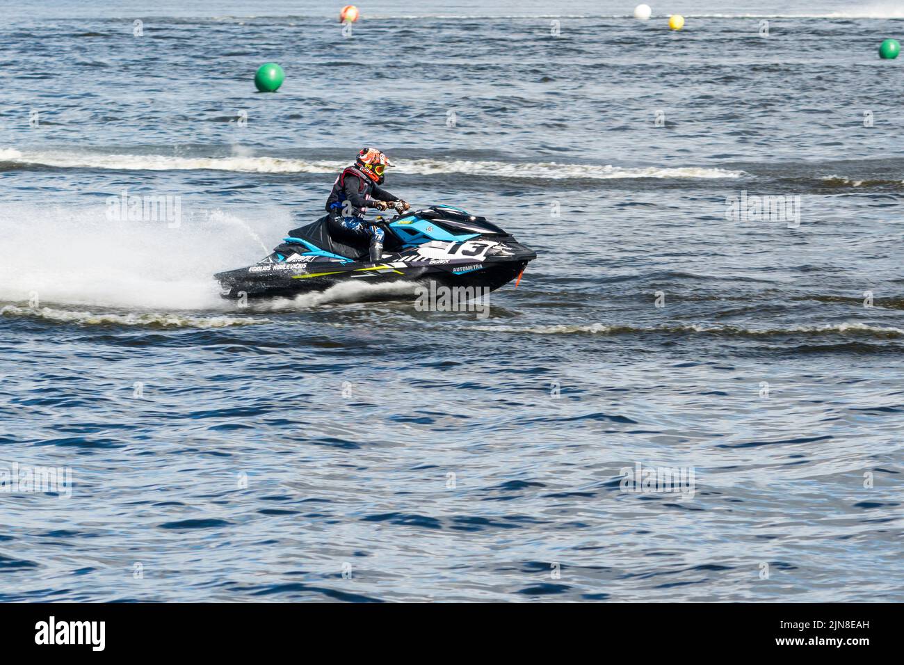 Kupiskis Lituania 2022-08-07. Partecipanti alla UIM Aquabike Baltic Cup 2022 di jet boats. Foto Stock