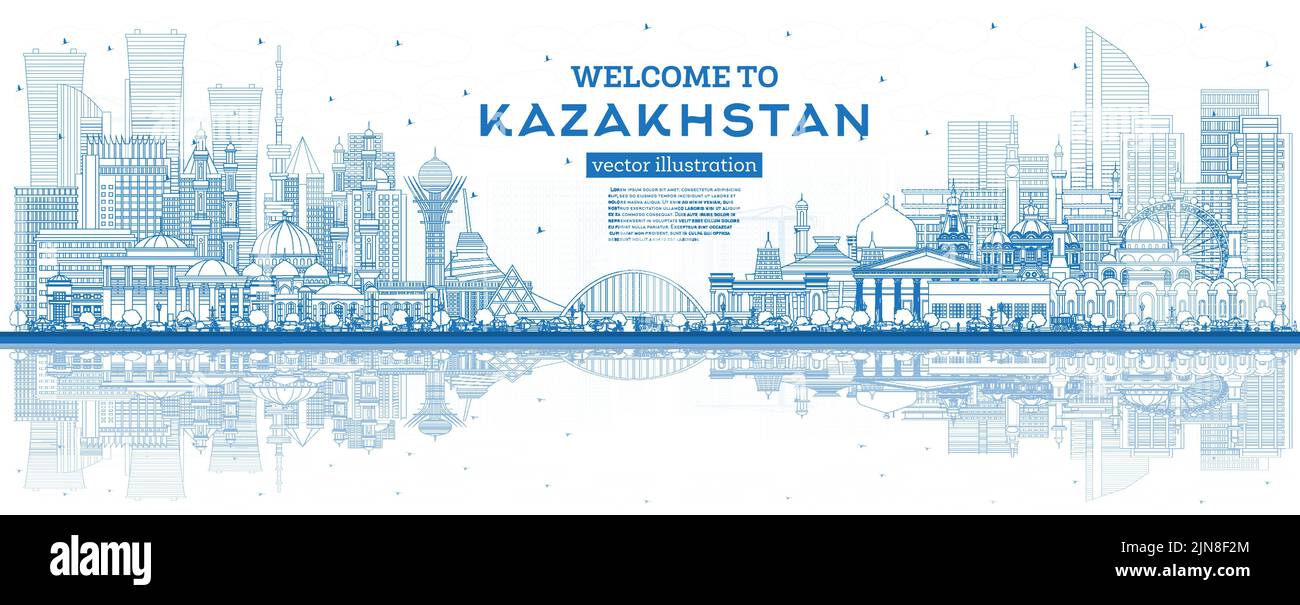 Profilo Benvenuti in Kazakhstan. Skyline della città con edifici blu e riflessi. Illustrazione vettoriale. Concetto con architettura moderna. Illustrazione Vettoriale