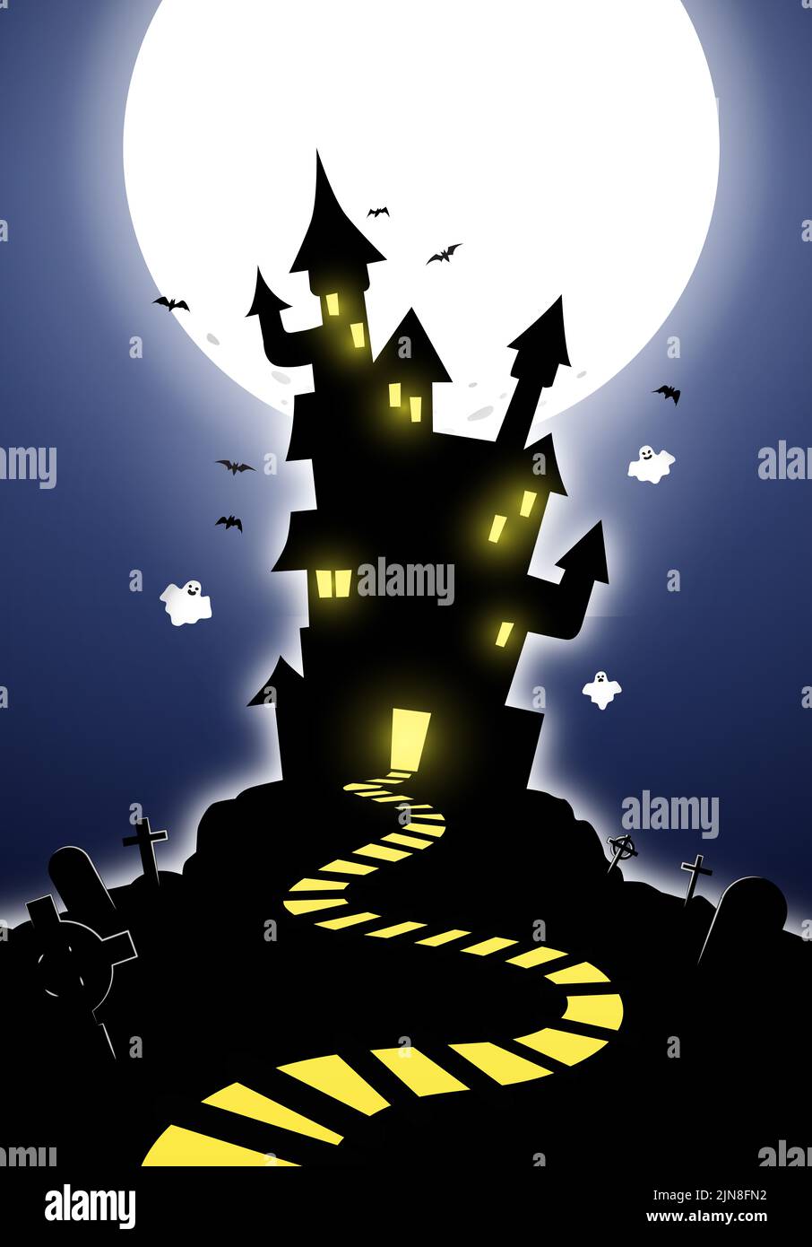 Illustrazione del poster di festa di Halloween. Scuro castello infestato con un cimitero. Luna piena con fantasmi che volano in un cielo notturno. Foto Stock