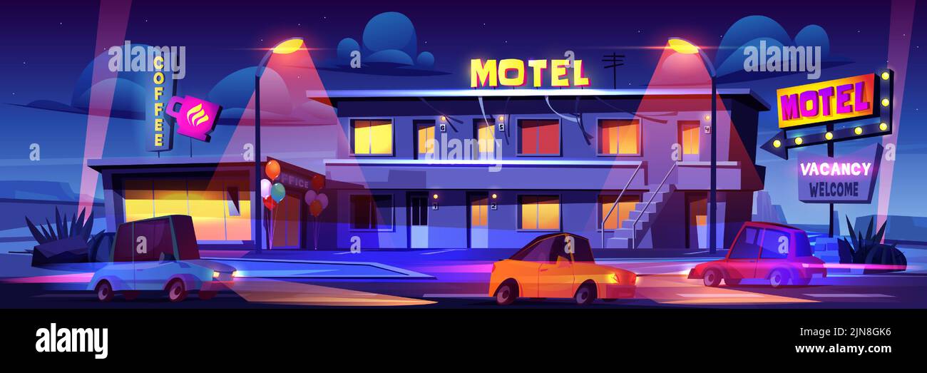 Motel a notte strada autostrada con auto a cavallo. Facciata dell'edificio con segnaletica stradale illuminata, caffetteria e ufficio. Sistemazione per viaggiatori, servizio turistico 24 ore, illustrazione vettoriale Cartoon. Illustrazione Vettoriale