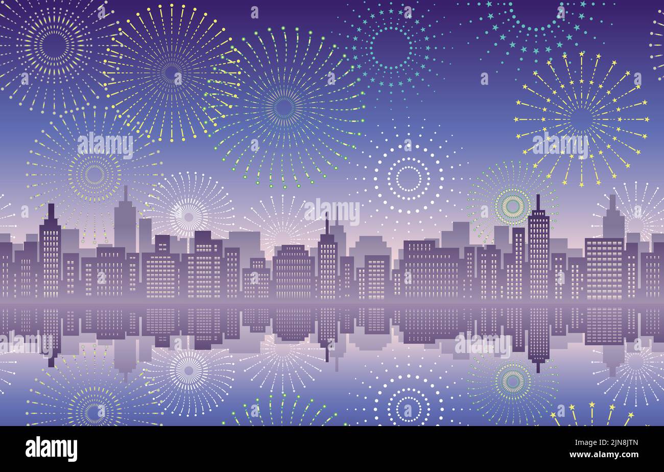 Paesaggio urbano senza intoppi con Celebration Fireworks, Vector Illustration. Ripetibile orizzontalmente. Illustrazione Vettoriale