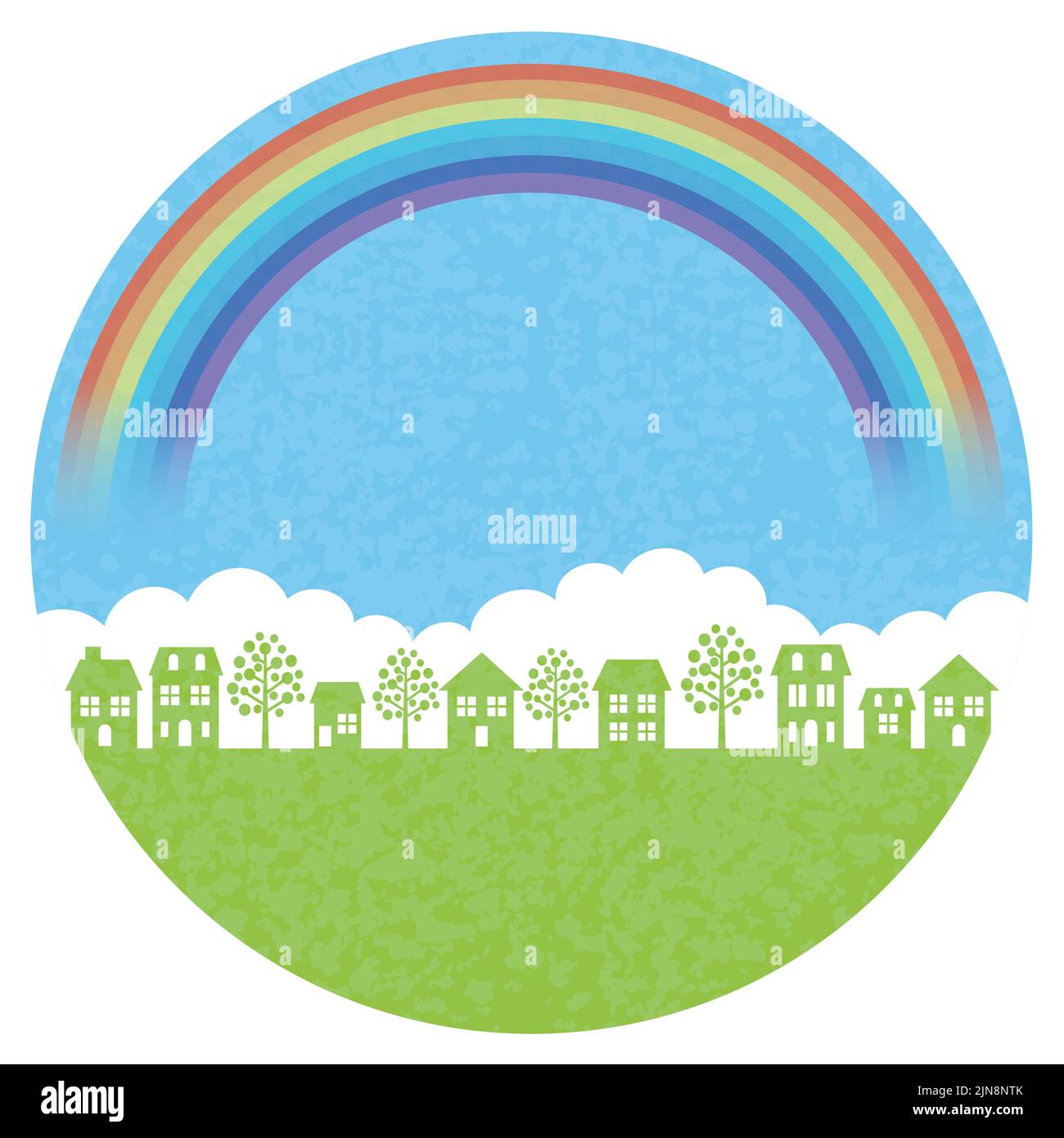 Sfondo townscape rotondo con Un arcobaleno isolato su Uno sfondo bianco, Vector Illustration. Illustrazione Vettoriale