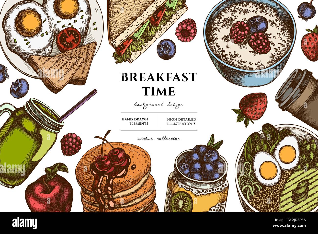 Prima colazione disegno illustrazione a mano. Fondo con panino retrò, pancake, ciotola con avocado, porridge con frutti di bosco, budino chia, uova fritte Illustrazione Vettoriale